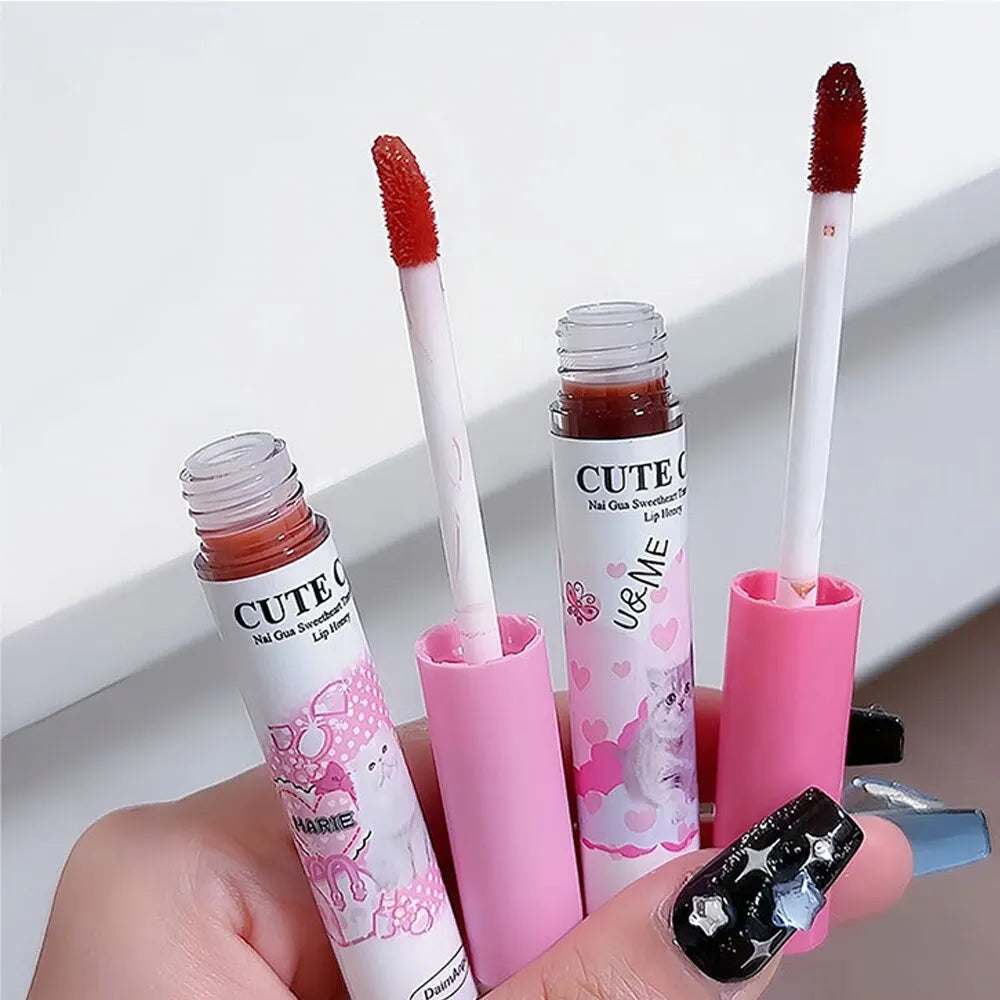 Cute Cat Fun Mirror Lip Glaze Set 6 Colors Highly Pigmented Lip Stain Hydrating Glossy Lip Makeup Perfect Gift