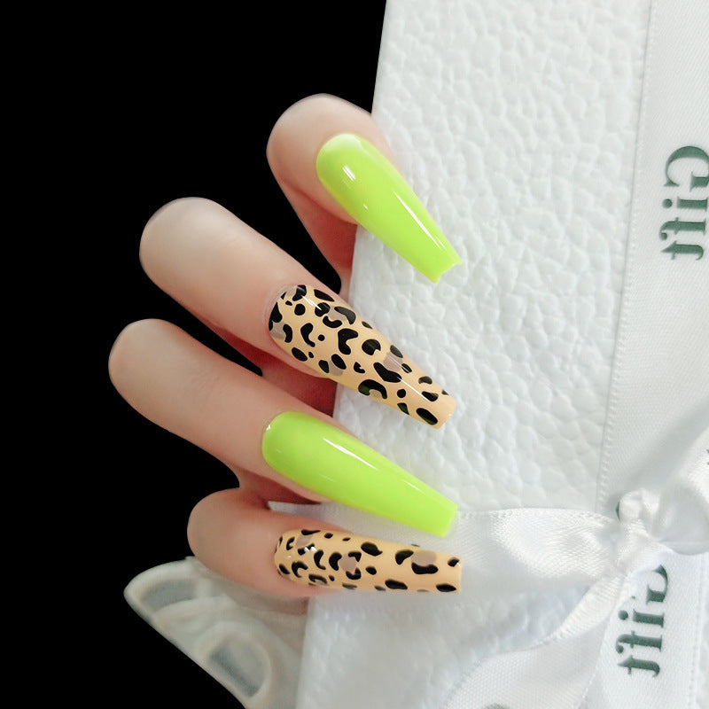 Fluorescent Yellow Leopard Print Finished Nail Beauty