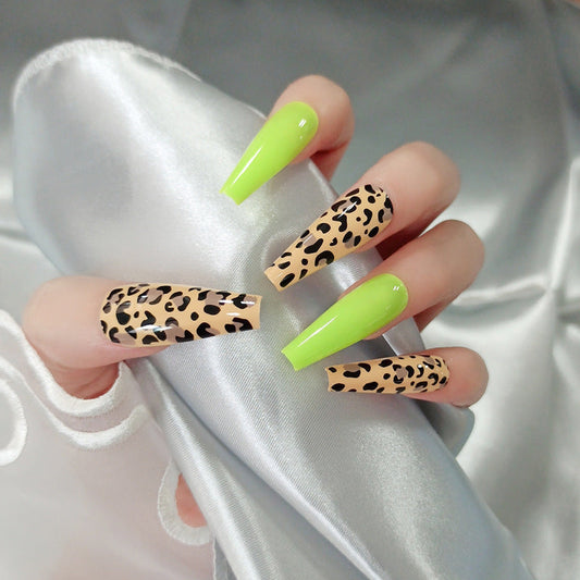 Fluorescent Yellow Leopard Print Finished Nail Beauty